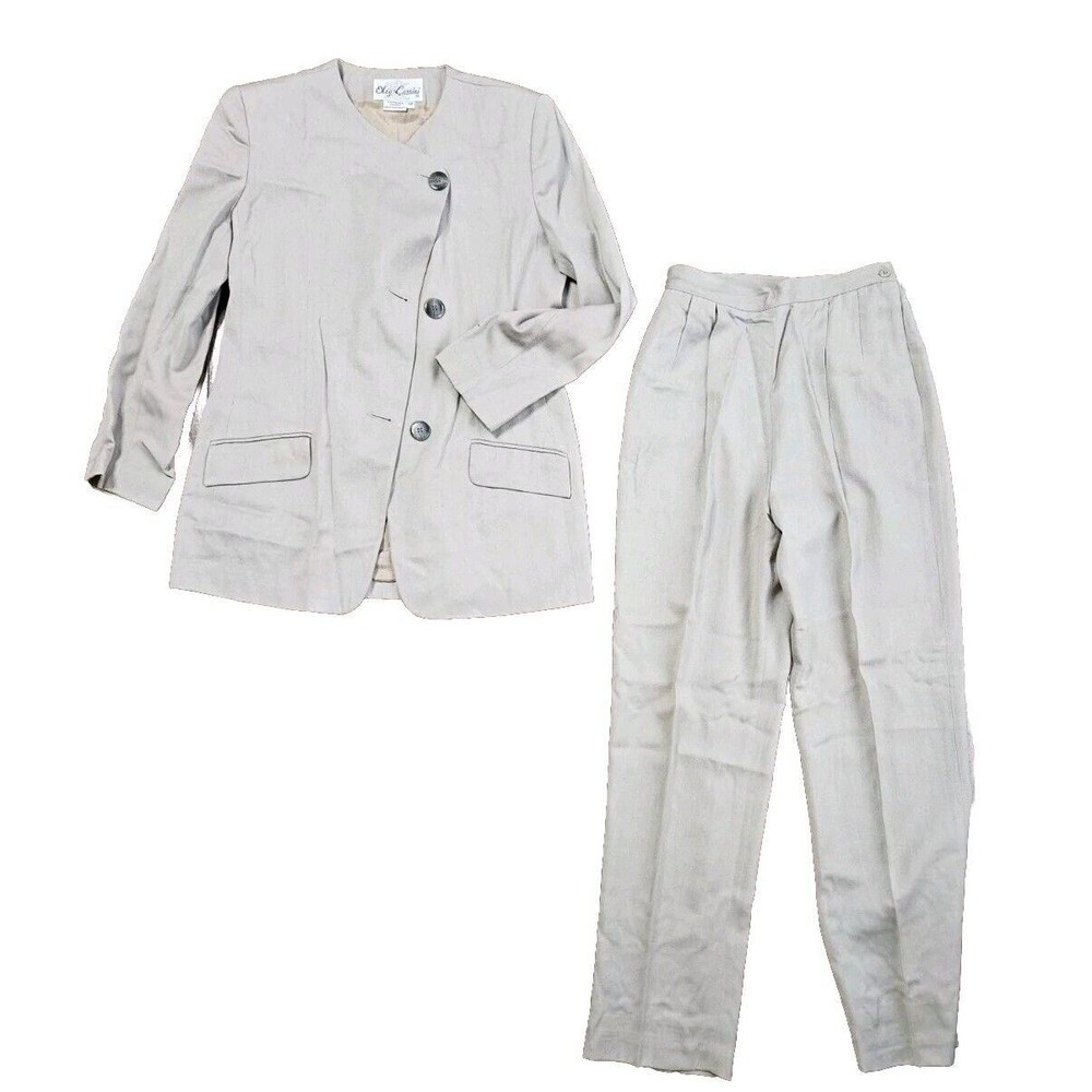 Oleg Casdini Beige Vintage 80s 90s 2-Piece Pant Suit Womens Sz 12